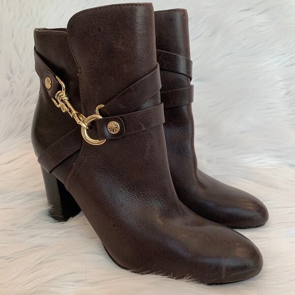 Isola Colleen Heeled Leather Ankle Boot Harness Buckle Equestrian Preppy Brown - Picture 2 of 7